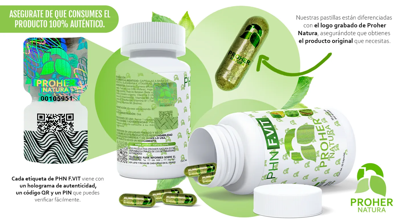 Asegúrate de que consumes el producto 100% auténtico: holograma de autenticidad con código QR y PIN, y cápsula con el logo de Proher Natura grabado